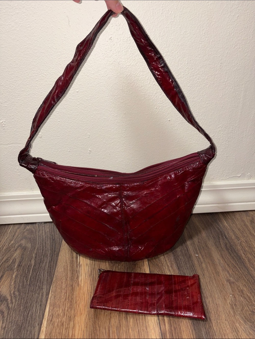 Classic Women's Should Bag in Deep Burgundy- Real Leather and Eel Skin